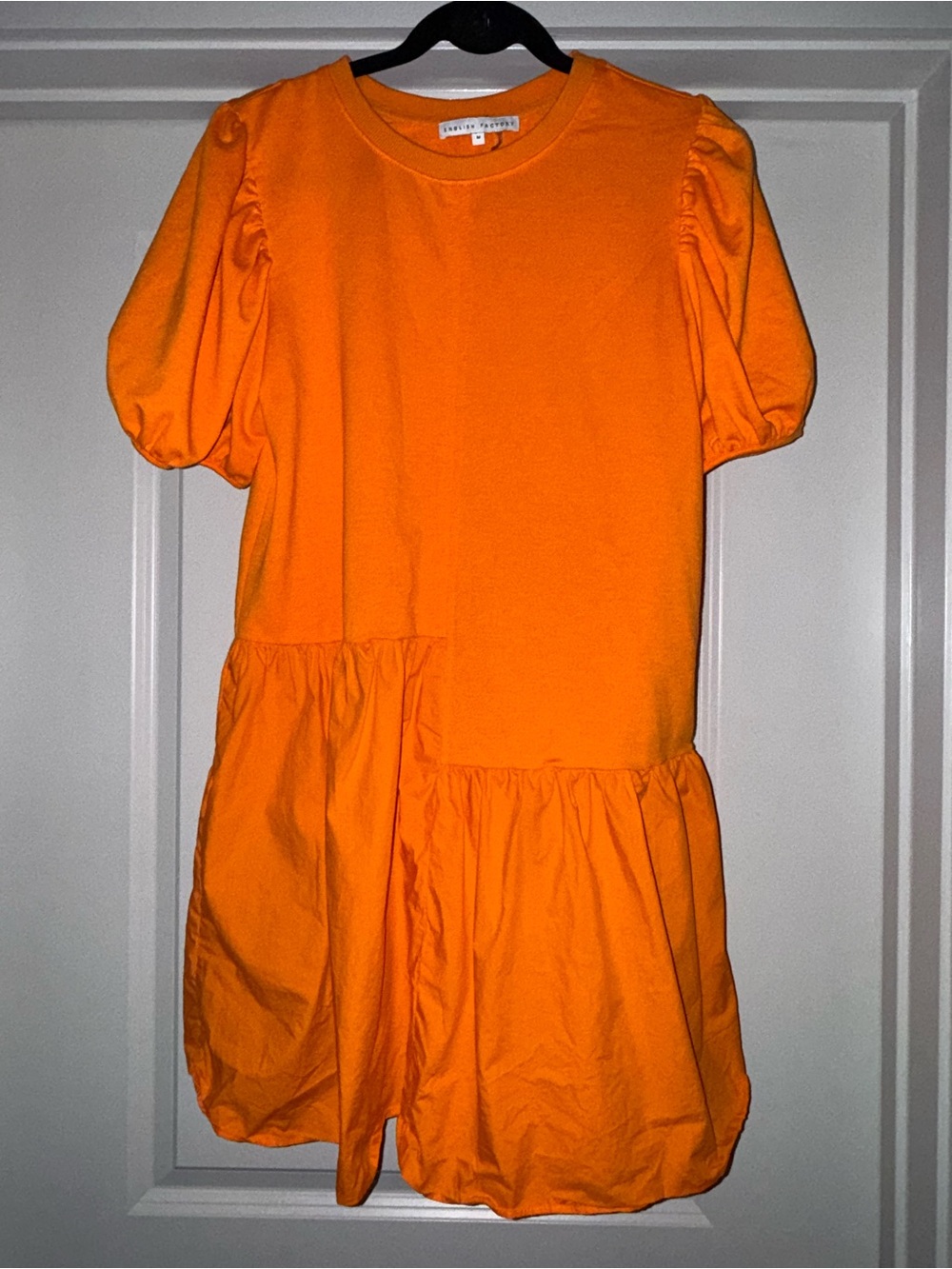 English Factory Orange Puff-Sleeve Tiered Cotton Dress